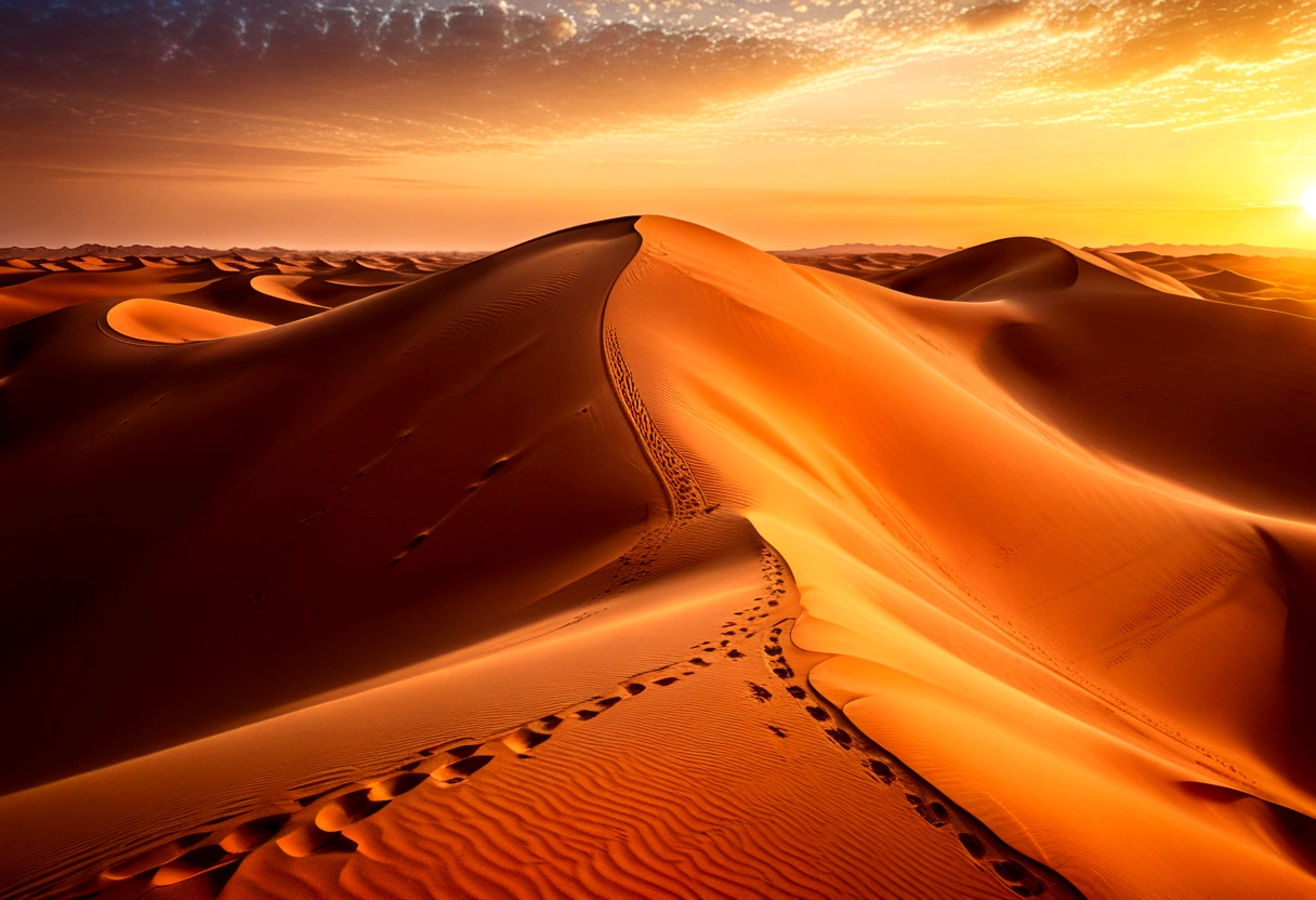 (Sunrise Time), In the Sahara Desert, warm toned sunlight shines on the sand dunes at sunrise, interweaving gold and red to create a stunning image. The background is a yellow sky, (panoramic view), Photography, award-winning, cinematic still, emotional, vignette, dynamic, vivid, (masterpiece, best quality, Professional, perfect composition, very aesthetic, absurdres, ultra-detailed, intricate details:1.3)