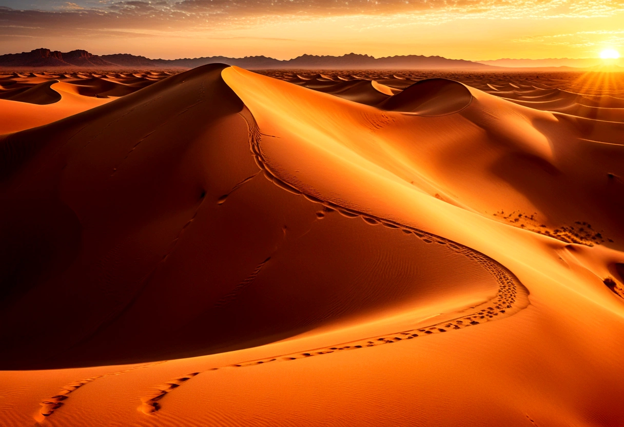(Sunrise Time), In the Sahara Desert, warm toned sunlight shines on the sand dunes at sunrise, interweaving gold and red to create a stunning image. The background is a yellow sky, (panoramic view), Photography, award-winning, cinematic still, emotional, vignette, dynamic, vivid, (masterpiece, best quality, Professional, perfect composition, very aesthetic, absurdres, ultra-detailed, intricate details:1.3)