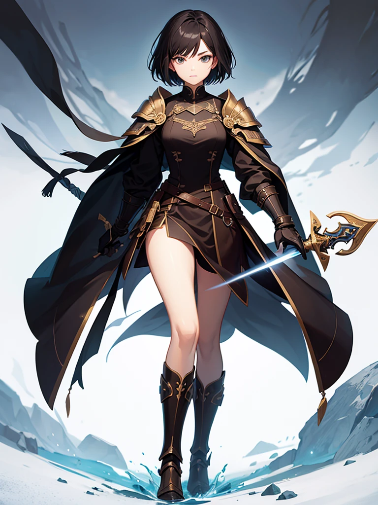 Strong women, Short black hair, Brown robes, Armor dress, Holding a sword, Full body side view, Pure white background