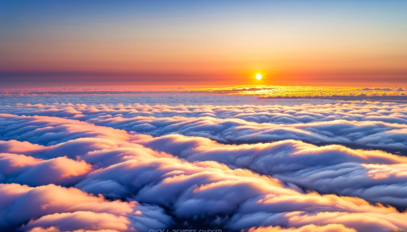 Sunrise view.sea of clouds landscape.Enjoy this breathtaking sunrise scene。The lights in the city occasionally emerge from the gaps between the sea of clouds,looming cityscape,It gives the whole city a hazy beauty。
