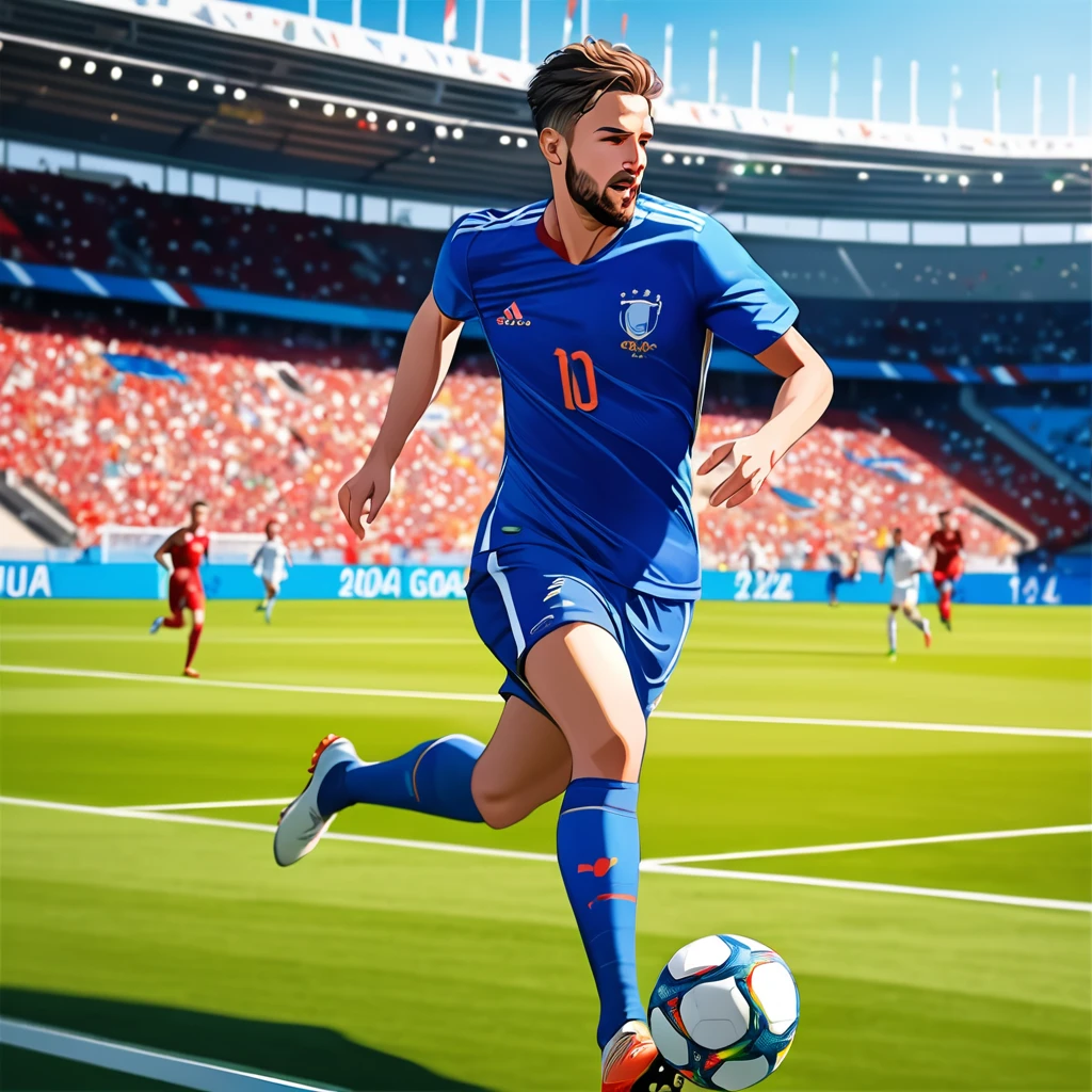 A soccer player running with the ball on a soccer field, euro cup 2024, Masterpiece, The best quality, super detailed