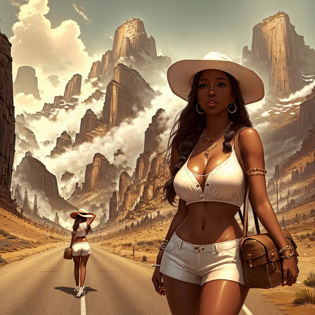 a woman that is posing in the middle of the road in all white shorts, 1girl, breasts, hat, solo, jewelry, shorts, bag, earrings, realistic, cleavage, outdoors, dark skin, long hair, photo background, mountain, day
