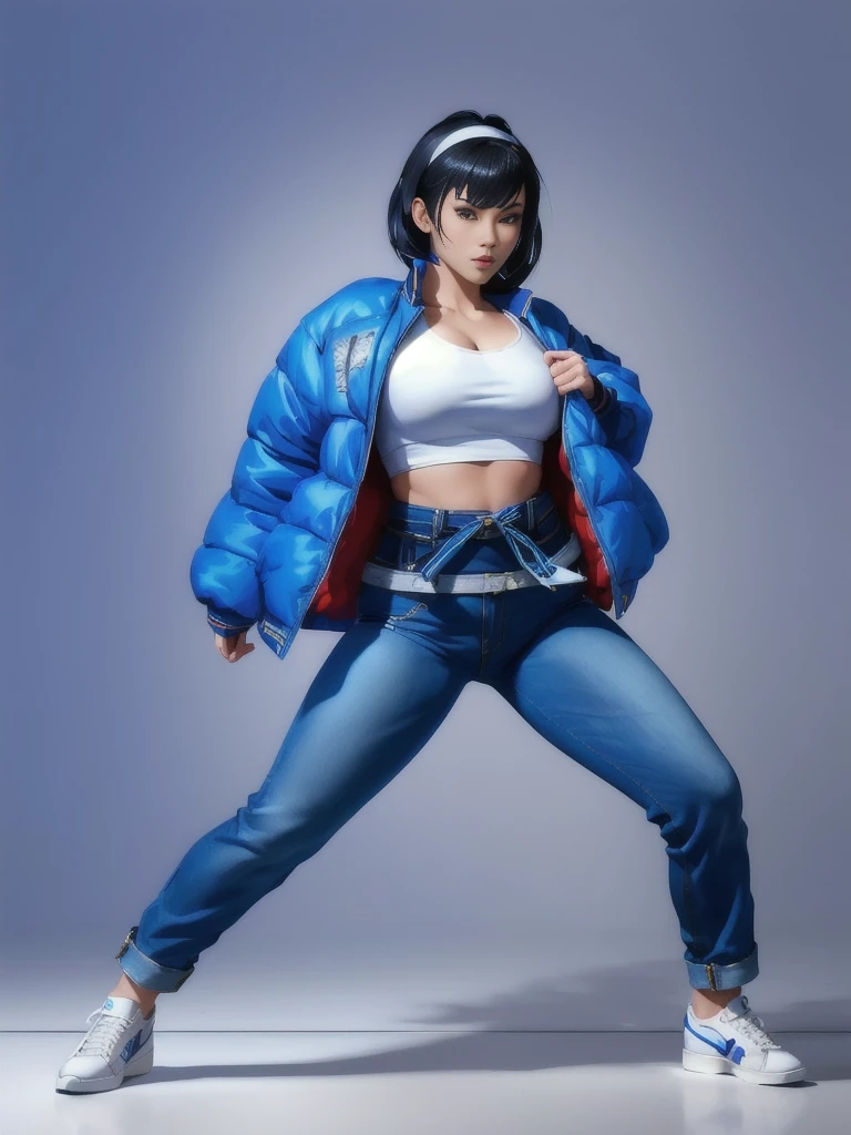 arafed woman in a blue jacket and jeans posing for a picture, blue jeans. unreal 5, as a character in tekken, character from king of fighters, fighting game character, portrait of chun - li, photorealistic anime girl render, style of mirror\'s edge, 3 d render character art 8 k, realistic anime 3 d style, portrait of chun li