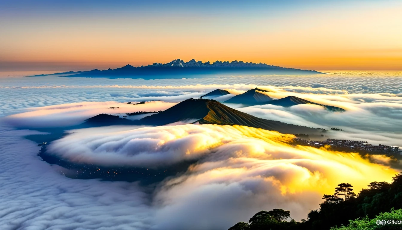 Sunrise view.sea of clouds landscape.Enjoy this breathtaking sunrise scene。The lights in the city occasionally emerge from the gaps between the sea of clouds，looming cityscape，It gives the whole city a hazy beauty。