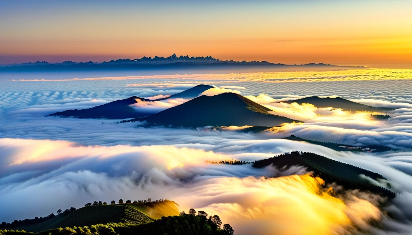 Sunrise view.sea of clouds landscape.Enjoy this breathtaking sunrise scene。The lights in the city occasionally emerge from the gaps between the sea of clouds，looming cityscape，It gives the whole city a hazy beauty。