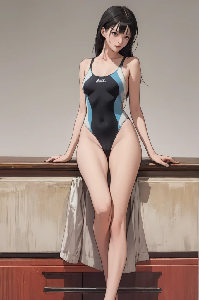 ((masterpiece, best quality)),((highres:1.2)), 1 Girl, solo, Blurred Background, (((Small breasts))), Thighs, (One piece swimsuit), pool,((leg Spread)) , pussy