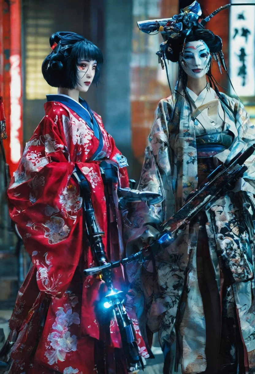 two people in costumes standing next to each other and holding weapons, ghost in the shell geisha robot, robot wearing her human mask, Japanese robotic geisha, very beautiful cyberpunk samurai, still from the live-action movie, scene from the live-action movie, similar to the ghost in the shell, refinement Onna Skeleton Geisha, Cyberpunk Samurai, Japanese Live Action Movie, Japanese FFX