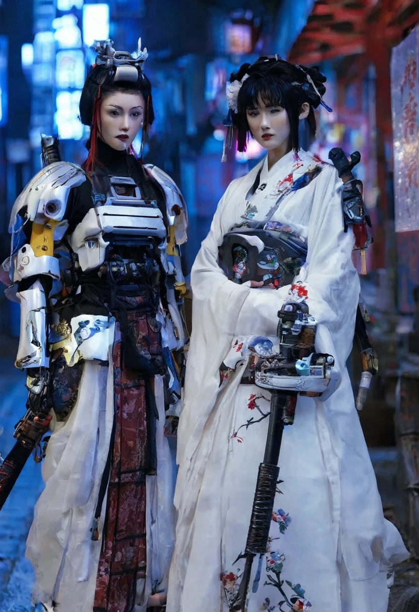 two people in costumes standing next to each other and holding weapons, ghost in the shell geisha robot, robot wearing her human mask, Japanese robotic geisha, very beautiful cyberpunk samurai, still from the live-action movie, scene from the live-action movie, similar to the ghost in the shell, refinement Onna Skeleton Geisha, Cyberpunk Samurai, Japanese Live Action Movie, Japanese FFX
