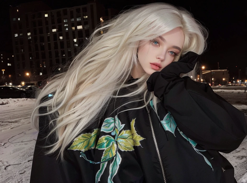 Blonde woman with long hair, wearing a black jacket and a black hoodie, perfect white haired girl, style of julia razumova, portrait of kim petras, yelena belova, ava max, Anna Nikonova aka Newmilky, with long white hair, extremely light blonde hair, her hair is white, light hair, dasha taran, with white long hair