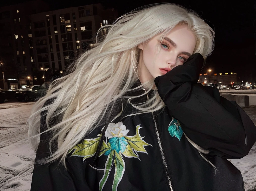 Blonde woman with long hair, wearing a black jacket and a black hoodie, perfect white haired girl, style of julia razumova, portrait of kim petras, yelena belova, ava max, Anna Nikonova aka Newmilky, with long white hair, extremely light blonde hair, her hair is white, light hair, dasha taran, with white long hair