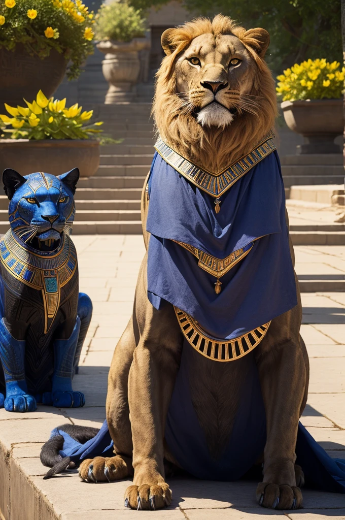 ((best quality)), ((masterpiece)), (detailed), perfect face
Cinematic image of a humanoid lion holding a bottle from ancient Egypt on a walkway with several blue lotus flowers and next to him a black panther behind a golden metal dark steel pyramid with several ancient Egyptian writings
