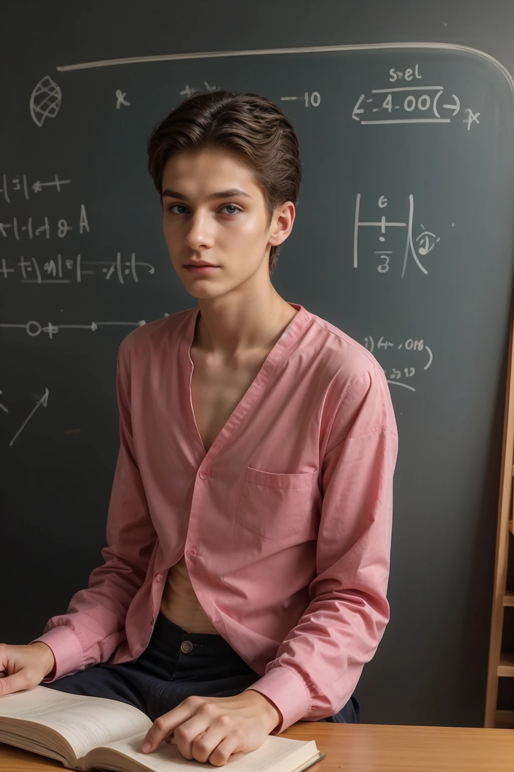 A beautiful young male twink with a face with reddish makeup. He has black hair. He is wearing a long-sleeved, white shirt and aqua blue pants. He is in his scientific office, and behind him is a blackboard with the shape of the brain and its anatomy written on it, and next to him is the shape of the heart and its anatomy. He looks in amazement and shock.