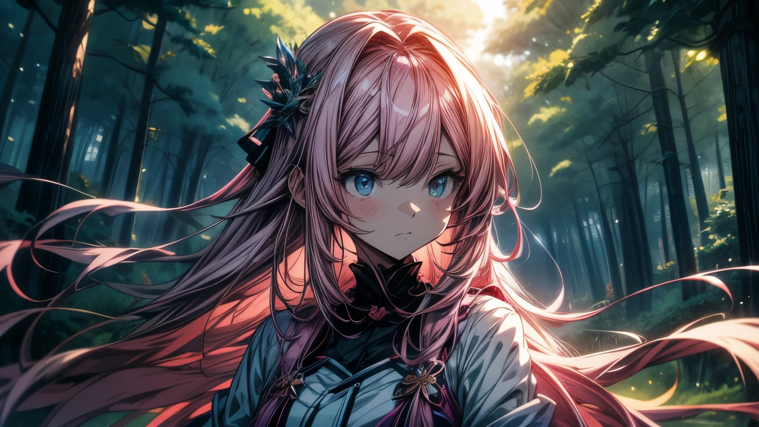 Anime girl with long pink hair and blue eyes standing in a forest., detailed digital anime art, 4K anime style, hermoso portrait animado, portrait, Knights of the Zodiac, , anime art wallpaper 4k, 4k anime art wallpaper, blonde anime girl with long hair, High quality 8K detailed art, anime art wallpaper 8K, pink fur princess, detailed anime art
