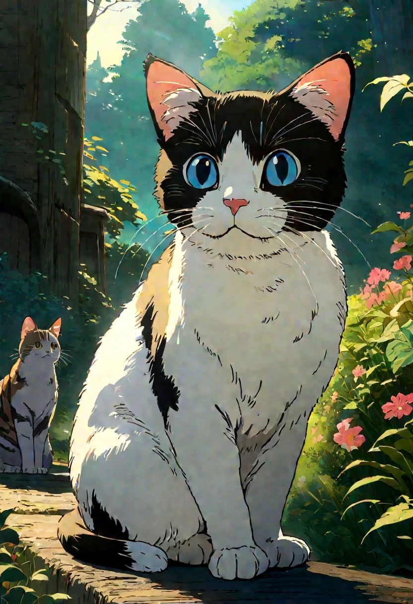 Studio Ghibli-style anime movies, Movie stills, Highest quality, masterpiece, Representative works, Official Art, Professional, Super intricate details, 8K,Cat, nature
