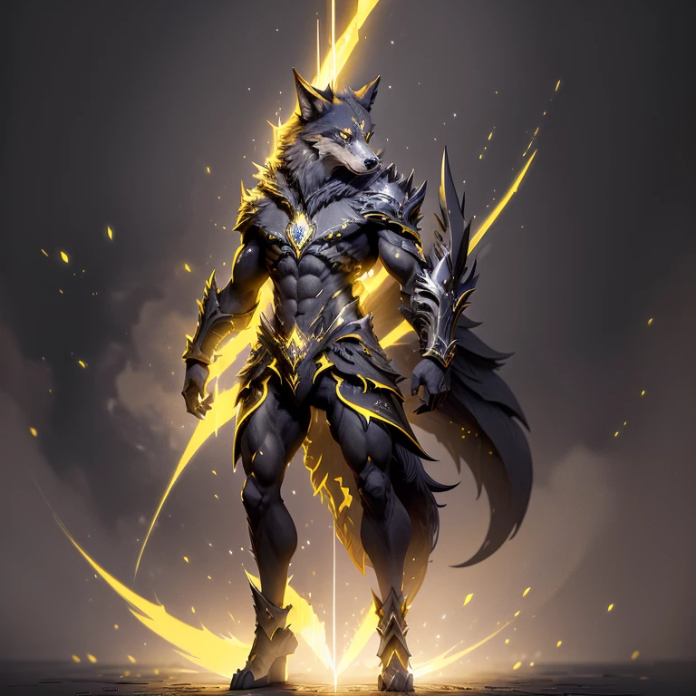 (1 wolf) full body, a standing dark gray were wolf with four winged pointy ears with dark lightning energy, yellow feathered wings, dark lightning energy around, yellow lightning background