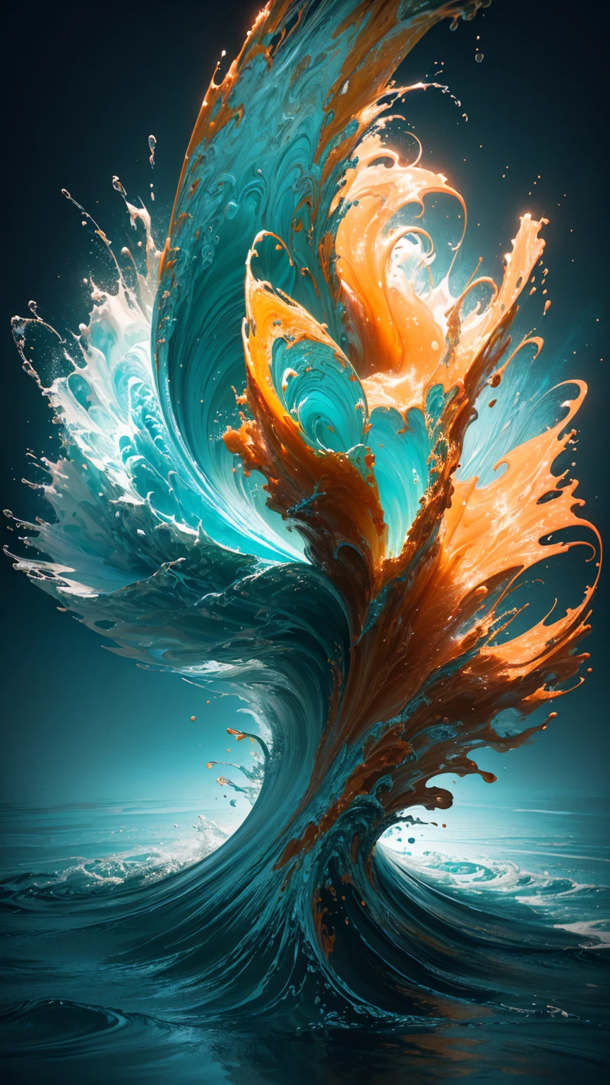 arafed image of a wave with orange and green splashes, 3d digital art 4k, abstract liquid, abstract 3d artwork, swirling liquids, 3d fluid simulation render, intricate flowing paint, digital artwork 4k, digital art 8k, digital art 8k, intricate artwork. octane render, swirling fluid, 4k highly detailed digital art