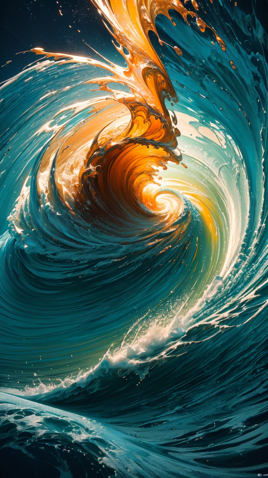 arafed image of a wave with orange and green splashes, 3d digital art 4k, abstract liquid, abstract 3d artwork, swirling liquids, 3d fluid simulation render, intricate flowing paint, digital artwork 4k, digital art 8k, digital art 8k, intricate artwork. octane render, swirling fluid, 4k highly detailed digital art