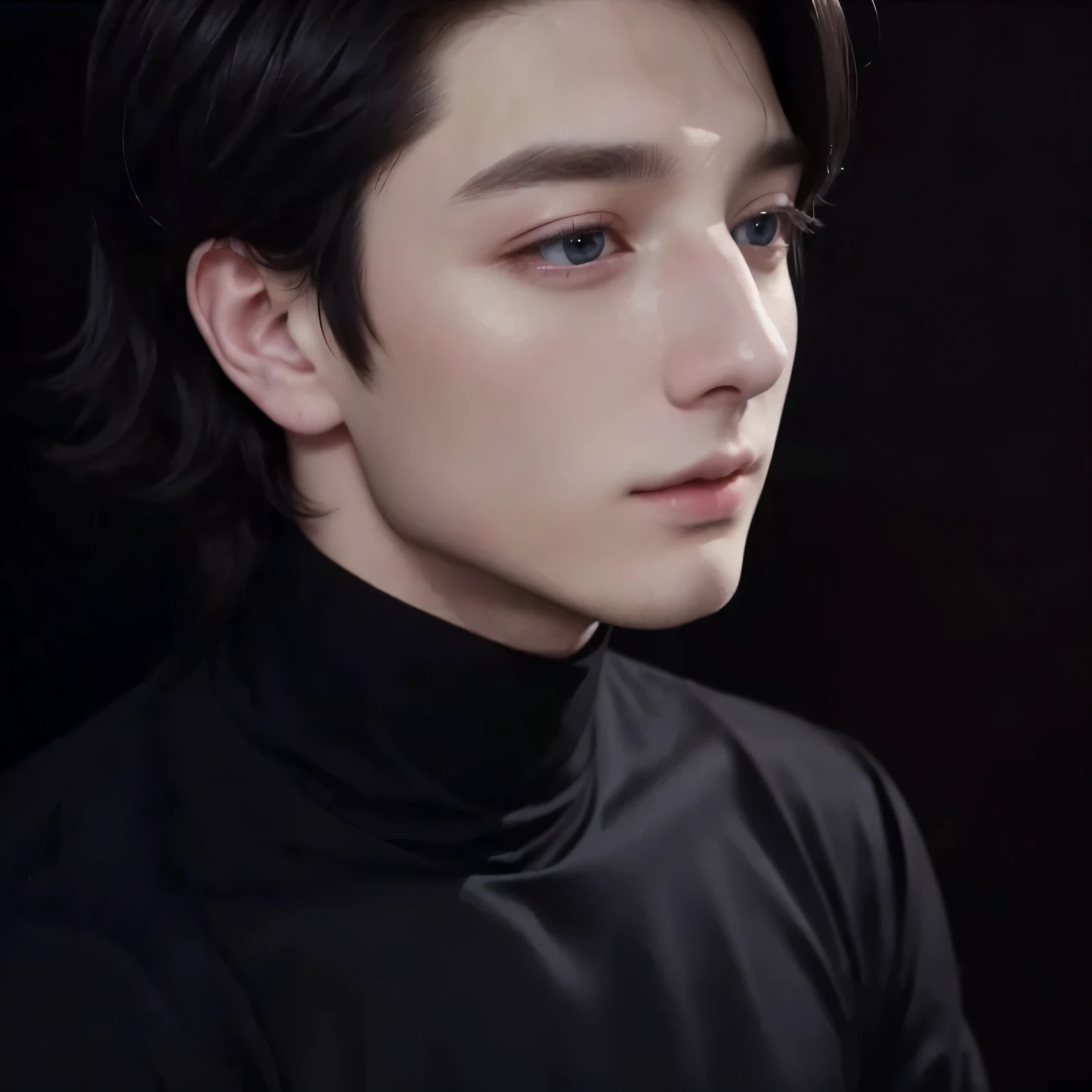 a closeup of a person wearing a black shirt and a black turtleneck, jungkook, pale angel, a handsome man, long blond hair, inspired by jeon jungkook, beautiful androgynous prince, delicate androgynous prince, pale korean adorable face, dotted nose