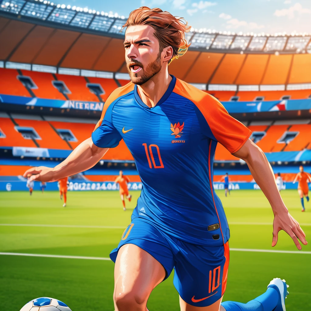 A soccer player running with the ball on a soccer field, euro cup 2024, Netherlands, Masterpiece, The best quality, super detailed