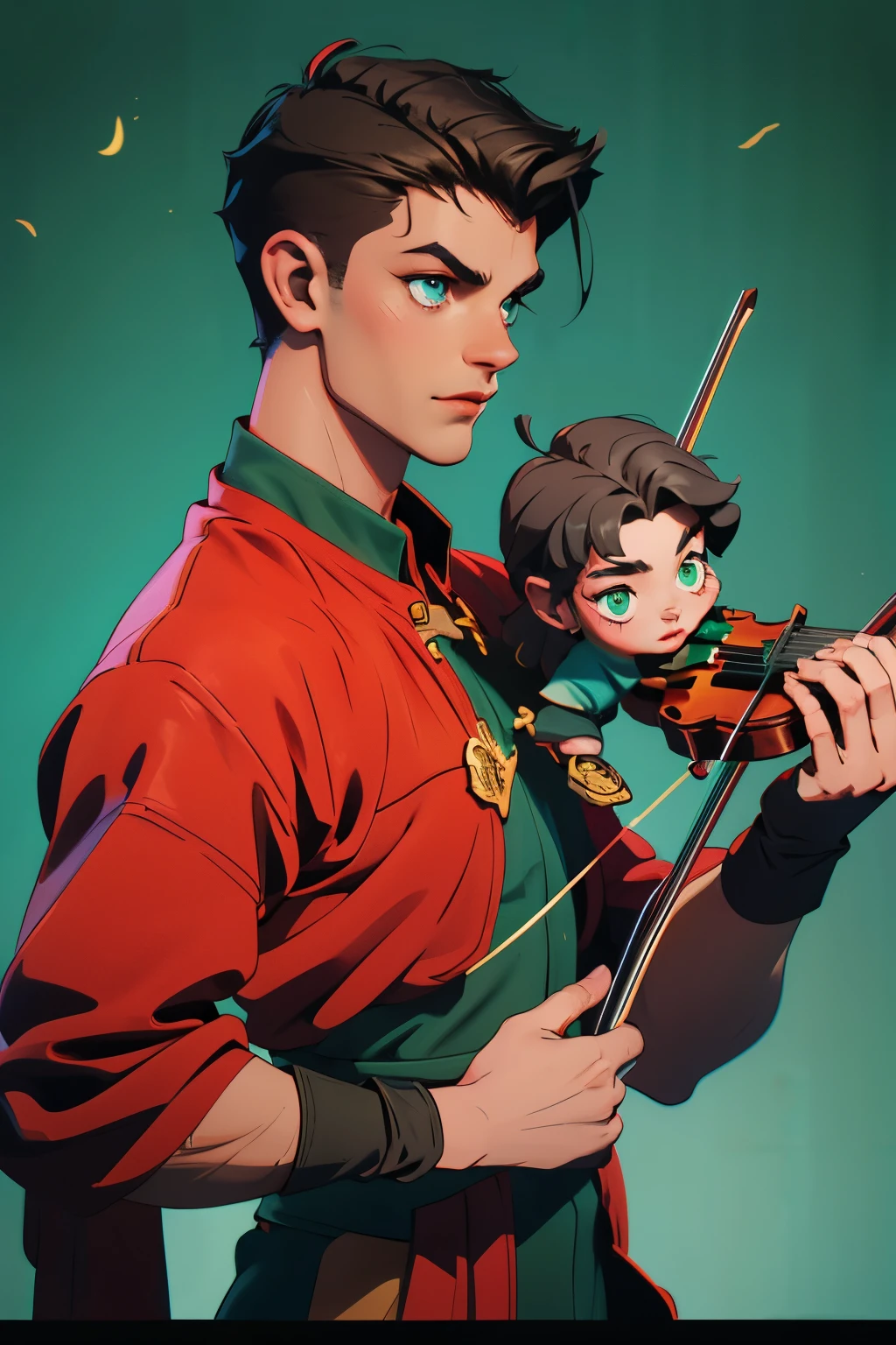 Human male Bard with dark hair shaved on the side of the head and green eyes. Wears earrings. Play the violin surrounded by dancing illusions. Wears red clothes. D&d. Magic. Music.