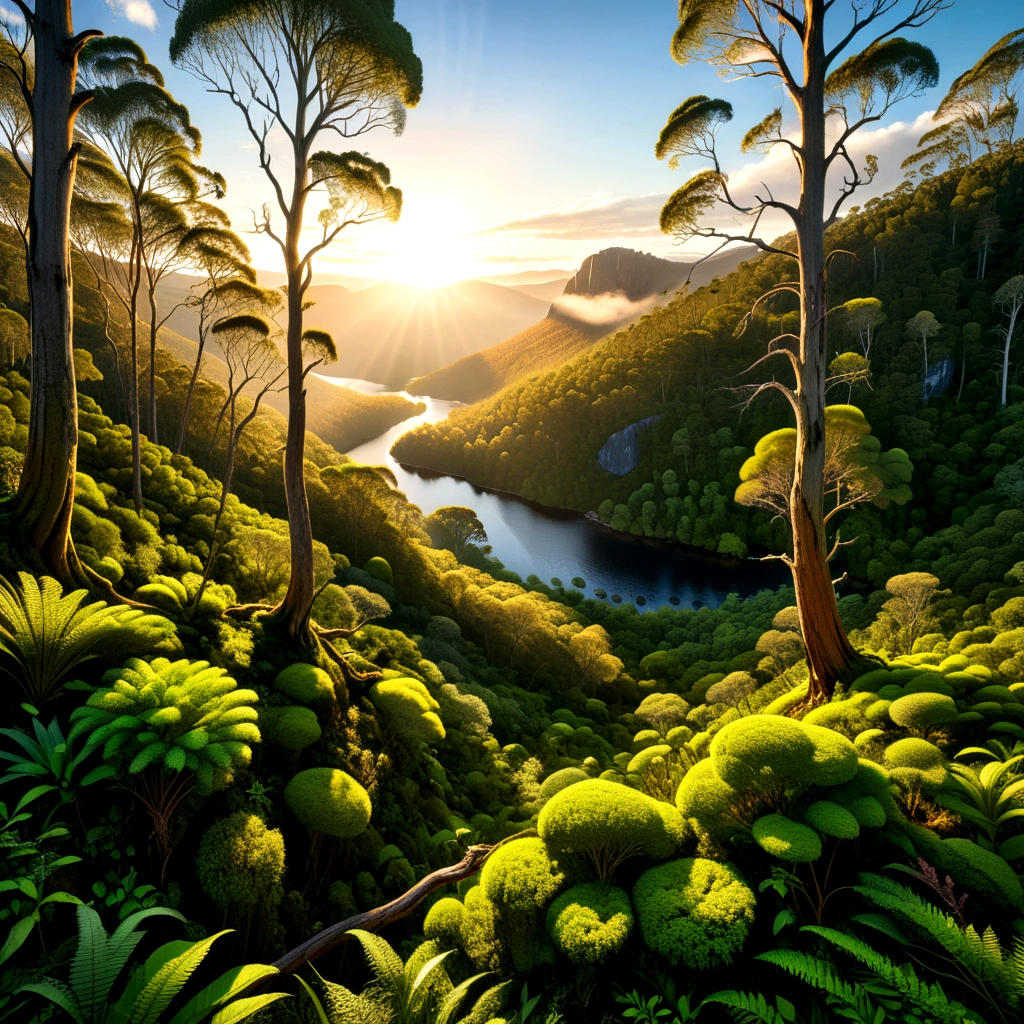 (Sunrise Time), Tasmania National Park. At sunrise, the sunlight passes through the forest, illuminating the pristine natural scenery and presenting a serene and beautiful scene. The background is a green forest, (panoramic view), Photography, award-winning, cinematic still, emotional, vignette, dynamic, vivid, (masterpiece, best quality, Professional, perfect composition, very aesthetic, absurdres, ultra-detailed, intricate details:1.3)