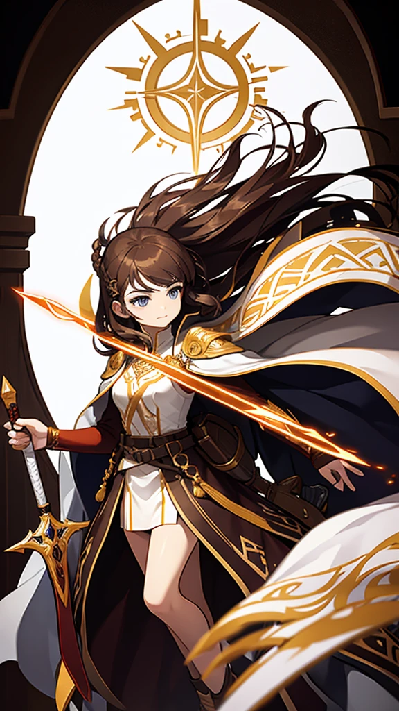 Strong women, Long brown hair, Brown robes, Holding a sword, Full body side view, Pure white background