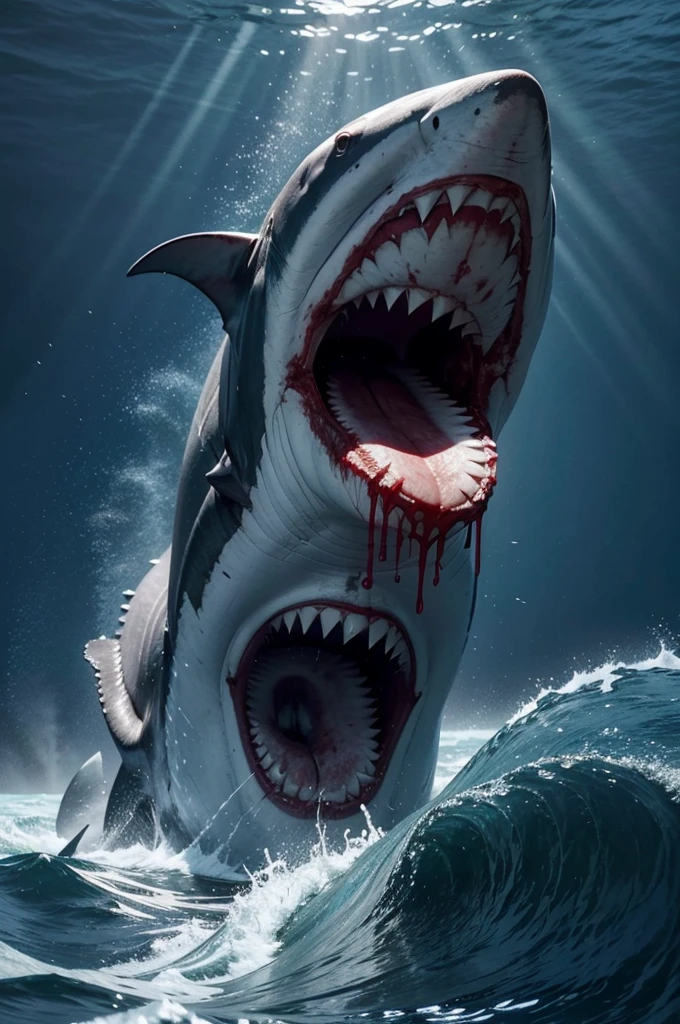 gigantic megalodon shark with sharp teeth, on the surface of the ocean destroying a whale and devouring it in half with lots of blood, photorealism