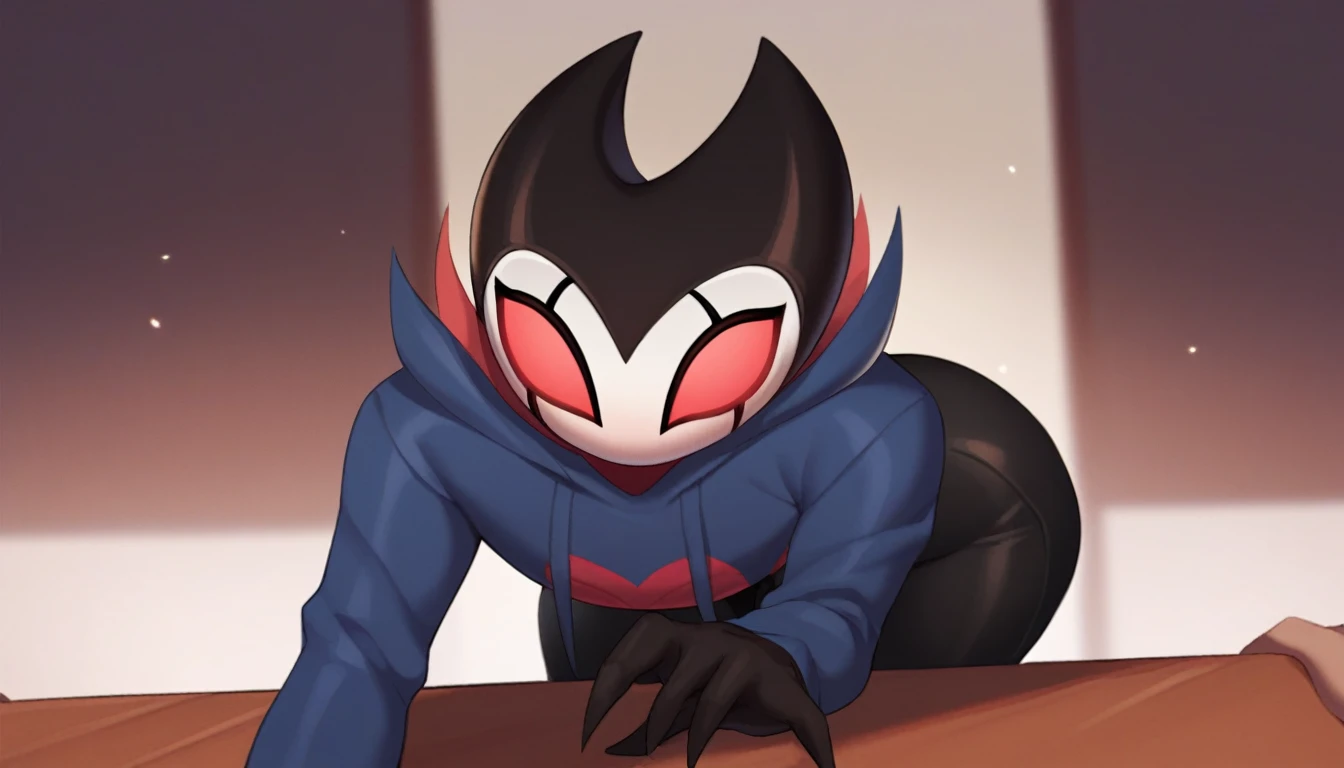 score_9, score_8_up, score_7_up, score_6_up, zPDXL2, grimm \(hollow knight\), vampire, bat, 1boy, solo, cute face, detailed eyes, portrait, thick thighs, anthro, thick ass, near the screen, pov, tight black pants, cinematic angle, blue large hoodie, cool pose