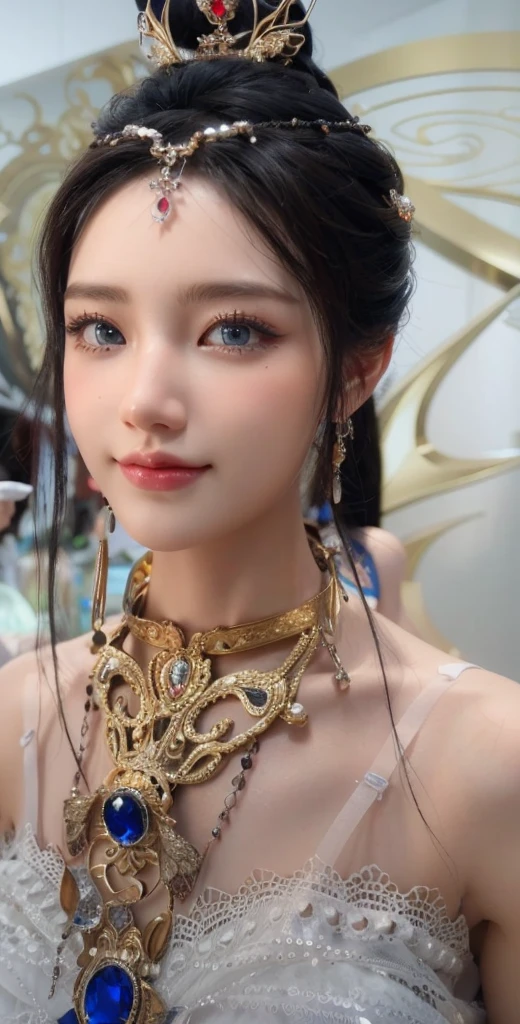 Game Art，Best image quality，Maximum resolution，8K，(A half-length photo)，(portrait)，(Head close-up)，(Rule of Thirds)，Unreal Engine 5 rendering works，20 year old girl，((Queen))，The eyes are very detailed，(Large Breasts)，Elegant and noble，Light，Light线追踪，Game CG，((3D Unreal Engine))，OC rendering reflection mode，4K，Ultra-clear，Sensual，Translucent lace，Fair and plump figure，Pretty Face，Light泽凝胶涂层，身着华贵礼服的Queen，Crystal Gem Crown，Necklace jewelry，blue eyes，The tattoo is very three-dimensional，Gorgeous and intricate tattoo designs，Ultra-clear portrait，Sexy body，Temple Princess，Sapphire eyes，Gorgeous Chinese Hanfu