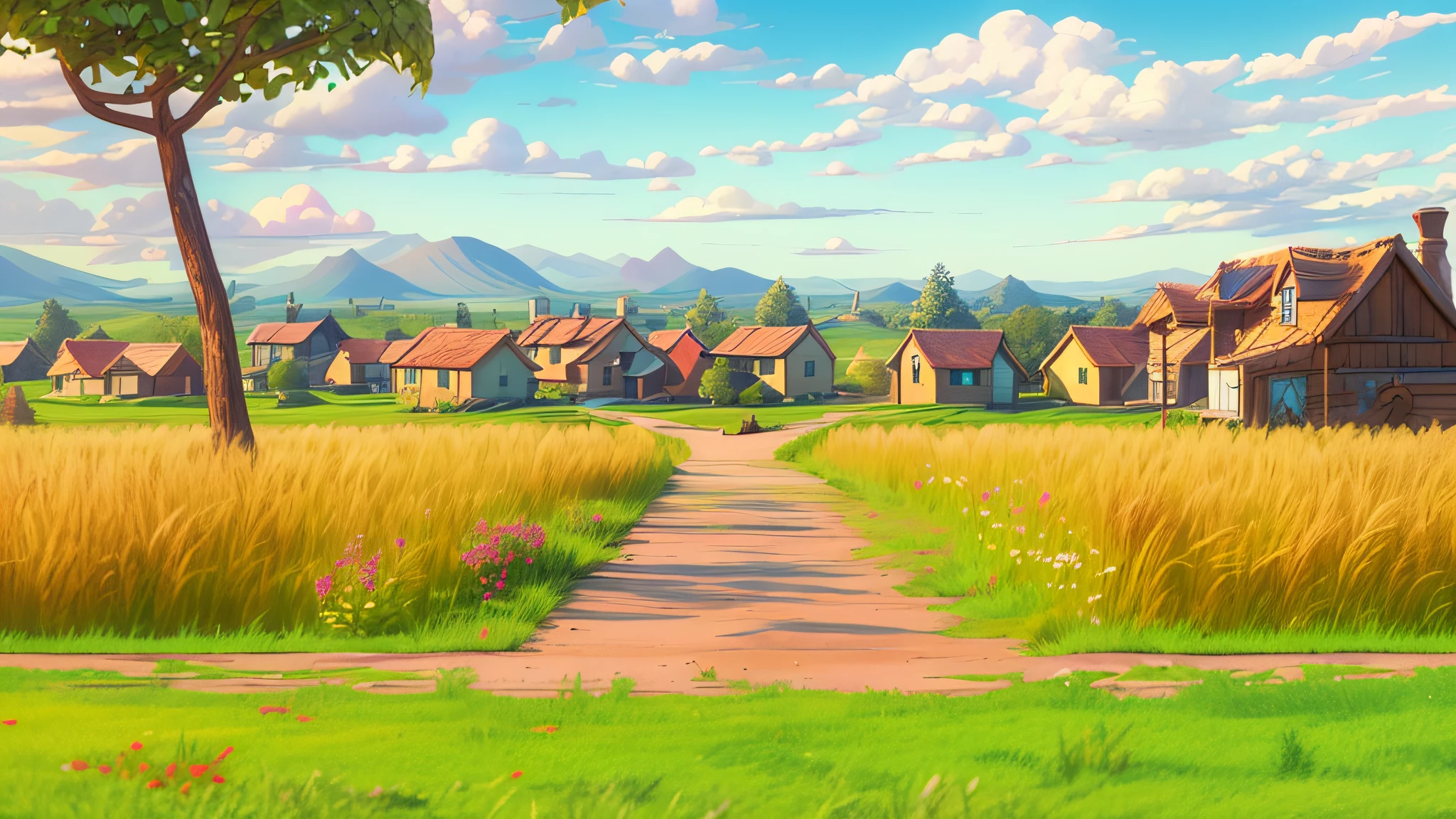 low image contrast, Low brightness, ((light del sol desde la parte superior izquierda:1.5)), pixar, 3d animation, 3D rendering, a farm in the countryside, afternoon light with long shadow, A yellow wheat field, There is green grass growing on the bed of the wheat field and under the wheats., (A cartoonish dirt road runs through the countryside:1.3), a big tree. The barn has a red color and some white., in the lower left corner there are grasslands, high detail rendering, Vary rendering, arnold render, Artistic 3D rendering, CG shooting profession, artistic composition, professional framing, sharp image with high detail, vivid colors, light, Very detailed, film grain, clear as crystal, intricate, seeds, elegant, Masterpiece, 4k, 8k, GI lighting, hyper detailed, High Definition