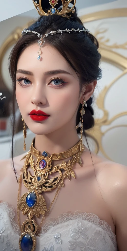 Royal princess,Super detailed, Delicate face, Stock Photography , Portrait 400, F1 Camera Lens.6, Colorful, Surrealism, Realistic textures, Dramatic Lighting, Thin Film Distiller 800 (8K, original photo, Better quality, masterpiece: 1.2), Super detailed, (Extremely delicate skin: 1.2), 8K 超高清, SLR camera, Soft Light, high quality.Fire Queen,Blue pupils,Apply red lipstick,Have a tattoo,The tattoo is very three-dimensional,Gorgeous and intricate tattoo designs,8K Mugshot,Large Breasts,Dark eyeshadow,Sexy thick lips(Red lipstick),Ice Princess,The facial features are very three-dimensional,