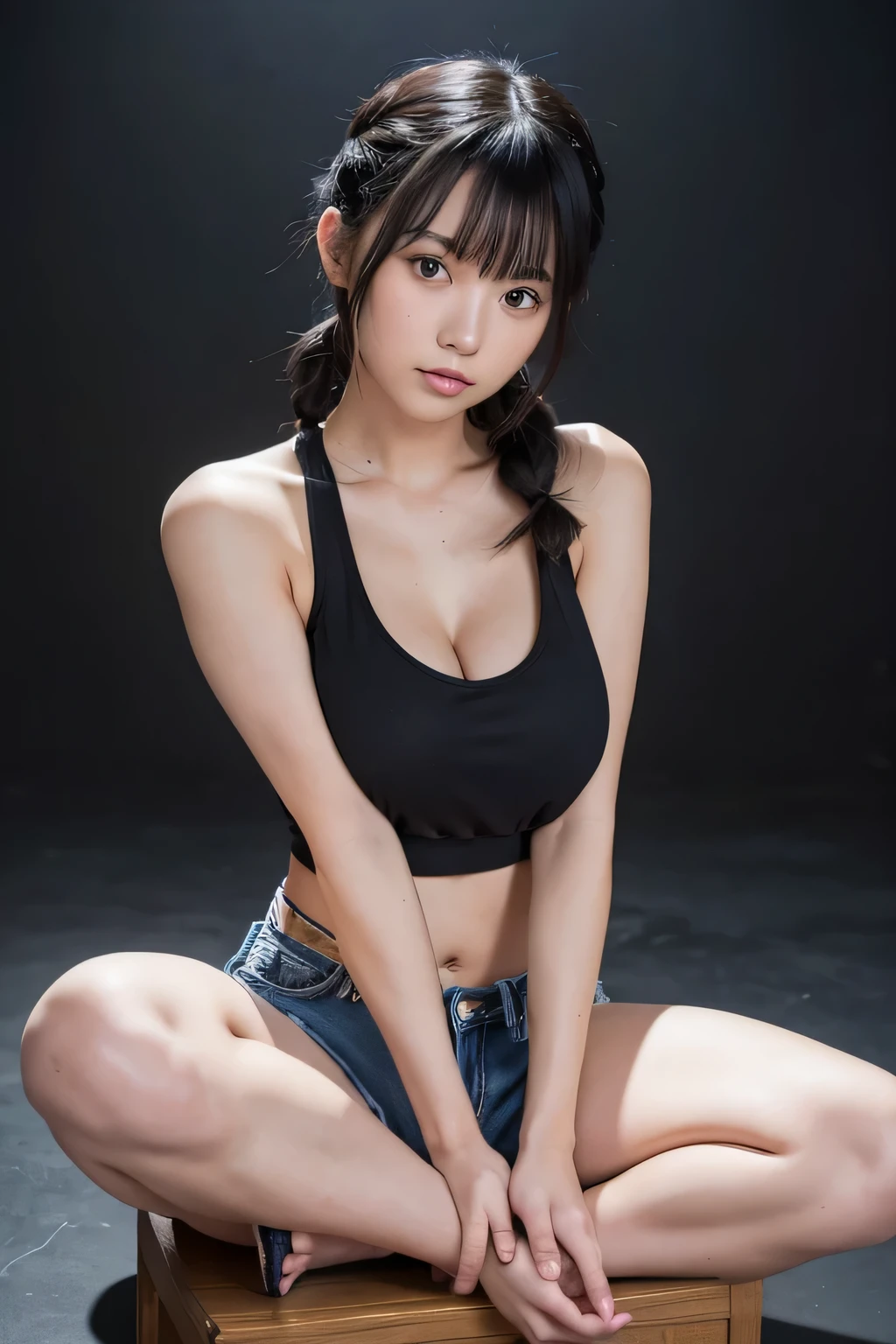 21yo girl, black hair, (franch hair twist). Wearing black tank top, crop top, denim shorts, vans, showing shoulders, cleavage, showing big thighs, big natural breasts, sitting wooden beam.setup photo studio.black background.