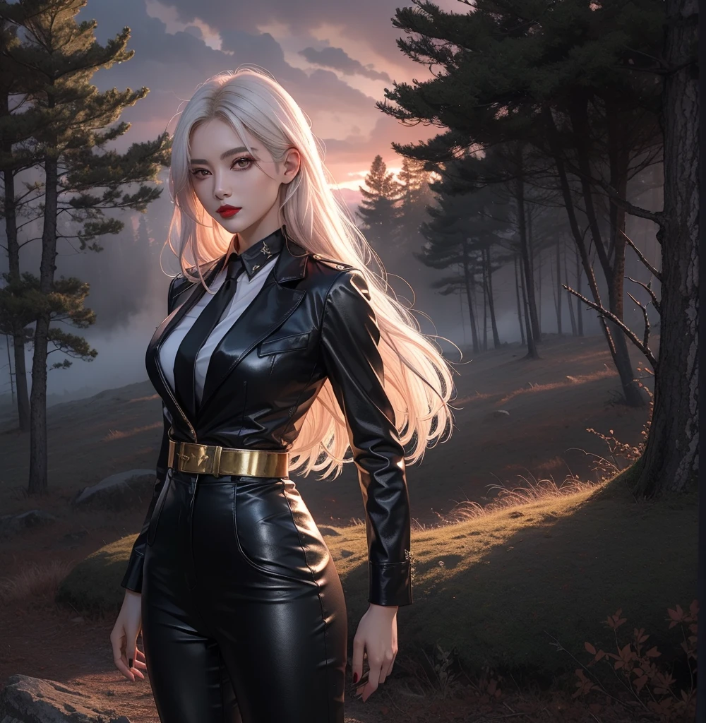 A cloudy red sky starring immense rays shooting towards the ominous forest covered in trees and red-eyed crows on the branches, beautiful white haired woman, white eyes red lips light skin smiles sinisterly wearing a suit with a set and leather pants, both black and gold details,stormy sky in the background Death is felt in the place.