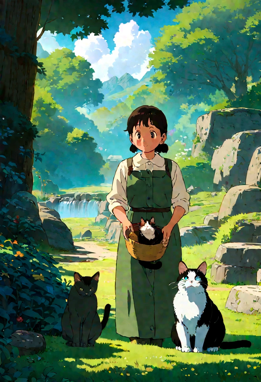 Studio Ghibli-style anime movies, Movie stills, Highest quality, masterpiece, Representative works, Official Art, Professional, Super intricate details, 8K,Cat, nature