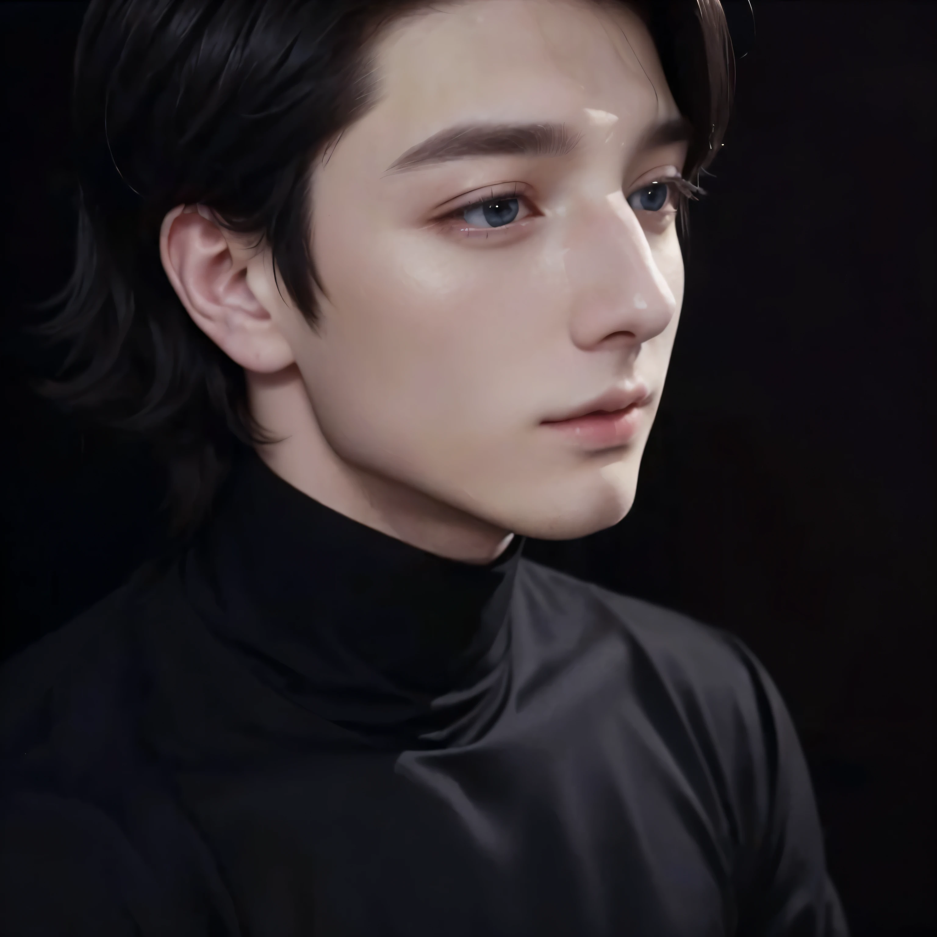 a closeup of a person wearing a black shirt and a black turtleneck, jungkook, pale angel, a handsome man, long blond hair, inspired by jeon jungkook, beautiful androgynous prince, delicate androgynous prince, pale korean adorable face, dotted nose