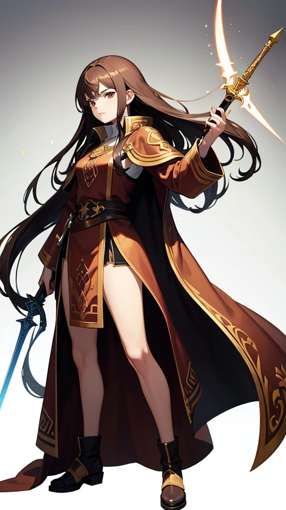 Strong women, Long brown hair, Brown robes, Holding a sword, Full body side view, Pure white background