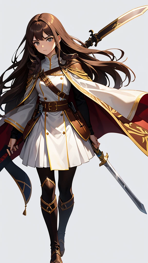 Strong women, Long brown hair, Brown robes, Holding a sword, Full body side view, Pure white background