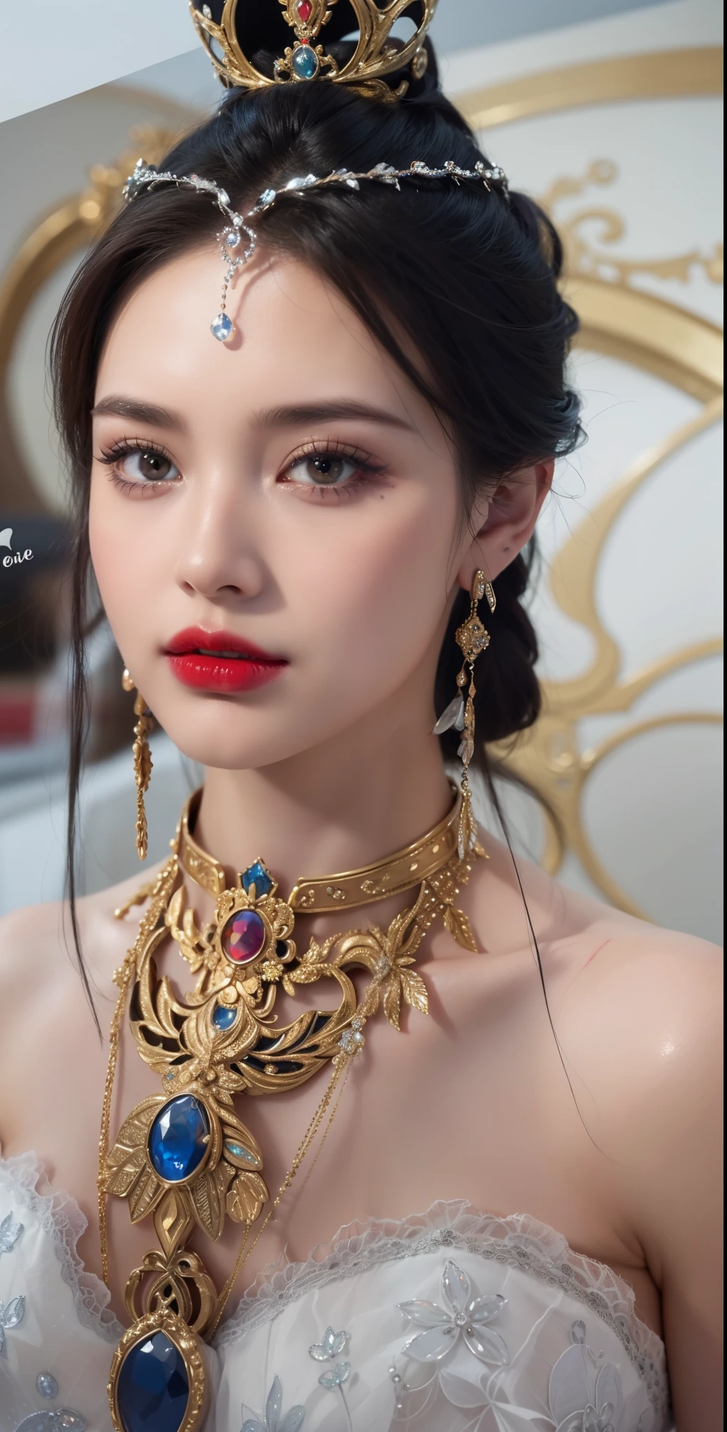 Royal princess,Super detailed, Delicate face, Stock Photography , Portrait 400, F1 Camera Lens.6, Colorful, Surrealism, Realistic textures, Dramatic Lighting, Thin Film Distiller 800 (8K, original photo, Better quality, masterpiece: 1.2), Super detailed, (Extremely delicate skin: 1.2), 8K 超高清, SLR camera, Soft Light, high quality.Fire Queen,Blue pupils,Apply red lipstick,Have a tattoo,The tattoo is very three-dimensional,Gorgeous and intricate tattoo designs,8K Mugshot,Large Breasts,Dark eyeshadow,Sexy thick lips(Red lipstick),Ice Princess,The facial features are very three-dimensional,