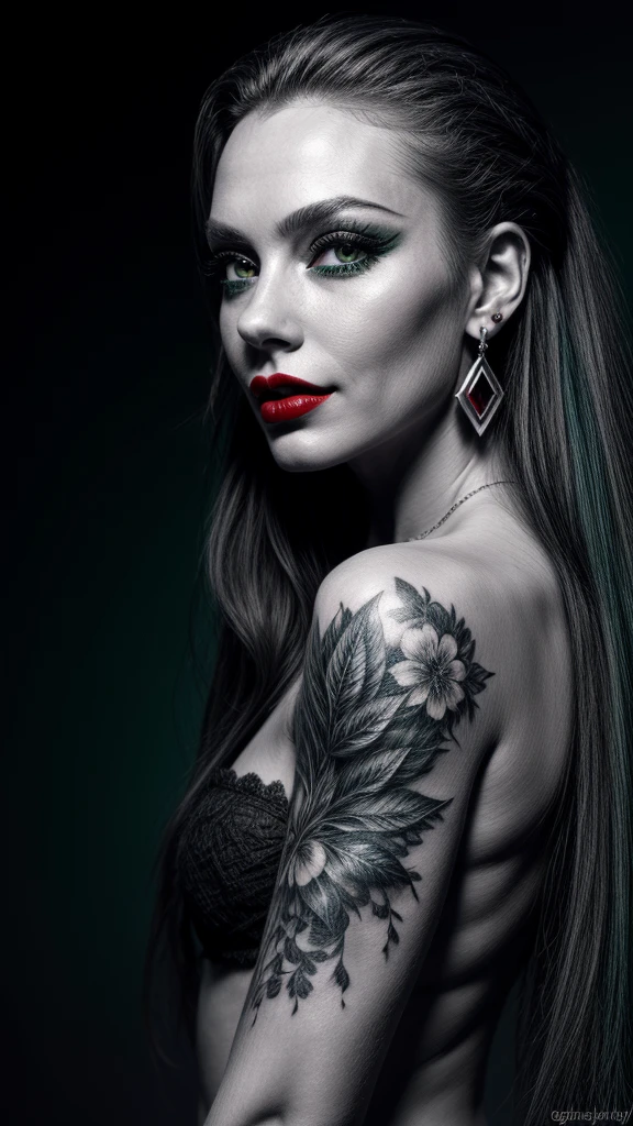 DigiArt Style, 1girl, solo, looking at viewer, long hair, monochrome, greyscale, earrings, red lips, BREAK, deep green eyes, petals, eyelashes, tattoo, makeup, watermark, piercing, ear piercing, portrait,