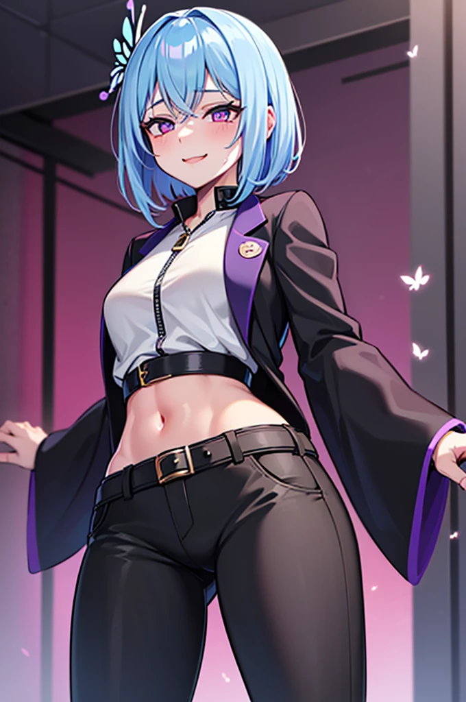 masterpiece, best quality,(detailed), 1girl, solo, kochou shinobu, butterfly hair ornament, purple eyes, multicolored hair, short hair, parted bangs,
haori, wide sleeves, long sleeves, black pants, black jacket, belt,
sexy, smile, from below, fingering, schlick, masturbation