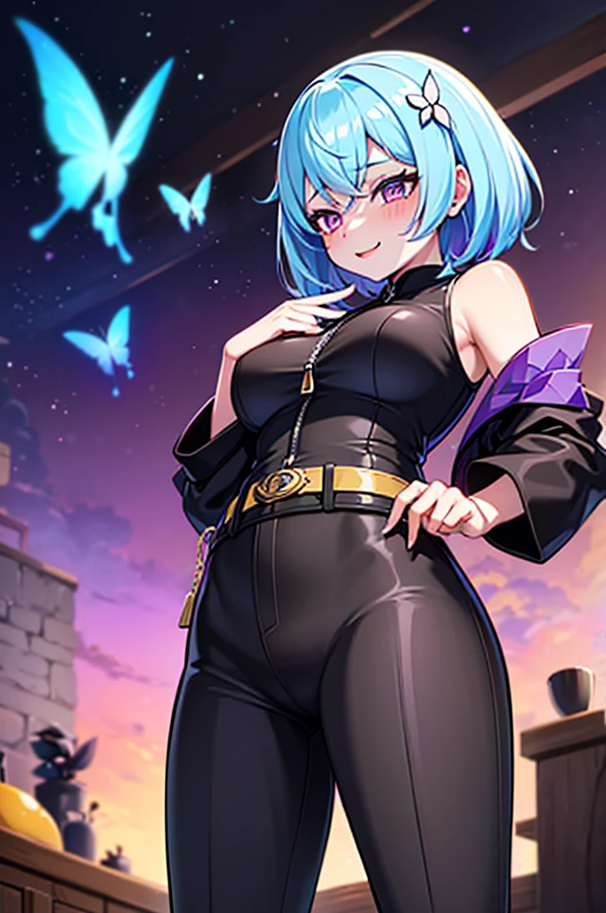 masterpiece, best quality,(detailed), 1girl, solo, kochou shinobu, butterfly hair ornament, purple eyes, multicolored hair, short hair, parted bangs,
haori, wide sleeves, long sleeves, black pants, black jacket, belt,
sexy, smile, from below, fingering, schlick, masturbation