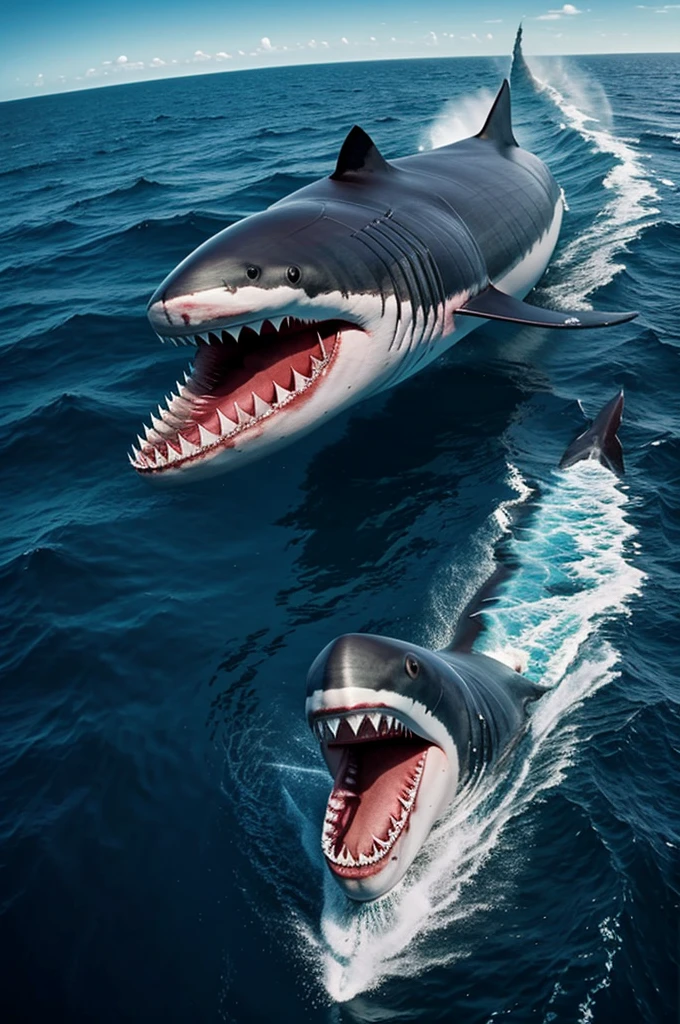 gigantic megalodon shark with sharp teeth, on the surface of the ocean destroying a whale and devouring it in half with lots of blood, photorealism
