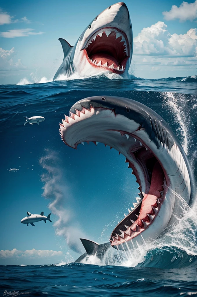 gigantic megalodon shark with sharp teeth, on the surface of the ocean destroying a whale and devouring it in half with lots of blood, photorealism