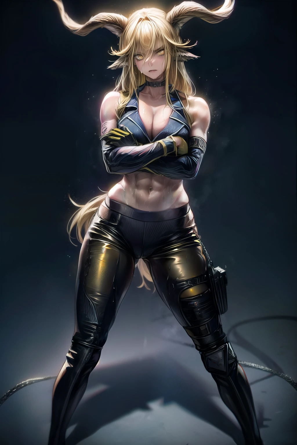 degenbrecher(arknights), blonde hair, (yellow eyes:1.5), long hair, (large breasts:1.2), thick, abs,  sweaty body, wet, Muscular Female,
BREAK sports top, bike shorts, black thigh-highs, black elbow gloves, black choker,
BREAK looking at viewer, (full body), from below, ((crossed arms)), disgusted face,
BREAK (masterpiece:1.2), best quality, high resolution, unity 8k wallpaper, (illustration:0.8), (beautiful detailed eyes:1.6), extremely detailed face, perfect lighting, extremely detailed CG, (perfect anatomy), 