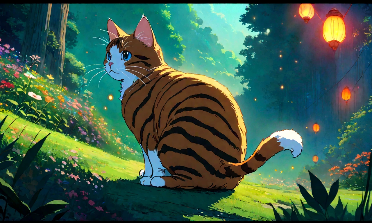 Studio Ghibli-style anime movies, Movie stills, Highest quality, masterpiece, Representative works, Official Art, Professional, Super intricate details, 8K,Cat, nature