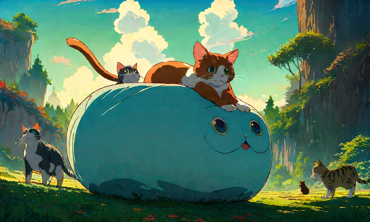 Studio Ghibli-style anime movies, Movie stills, Highest quality, masterpiece, Representative works, Official Art, Professional, Super intricate details, 8K,Cat, nature