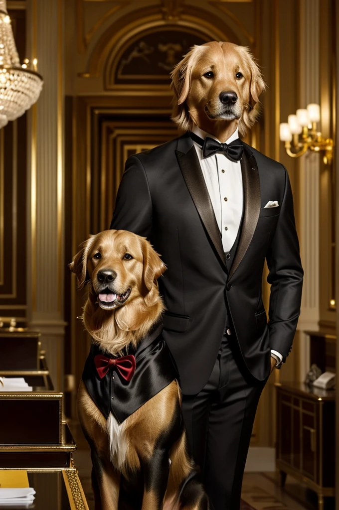 draw me a majestic Golden Retriever dog, His golden fur shining under the dim lights of an elegant salon.. This canine, with a safe and confident look, is surrounded by wealthy people, all interested in your product. His suit, made to measure, It is a masterpiece of haute couture: a black tuxedo with satin lapels, a silk tie and gold cufflinks. The dog is holding a leather folder, full of important documents, while smiling charmingly at his future clients. Your success is palpable, and his presence dominates the room. This is the sales dog that everyone wants to have by their side!!