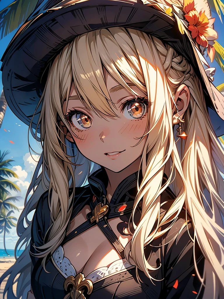 1 woman (navia) ,(genshinimpact ),blonde,(wavy hair curl),  blue eyes ,blush ,open mouth, looking at viewer, bikini (yellow,black) ,[ hat (black) ,flower on hat (yellow ,golden)], tropical ,morning, big breasts, 