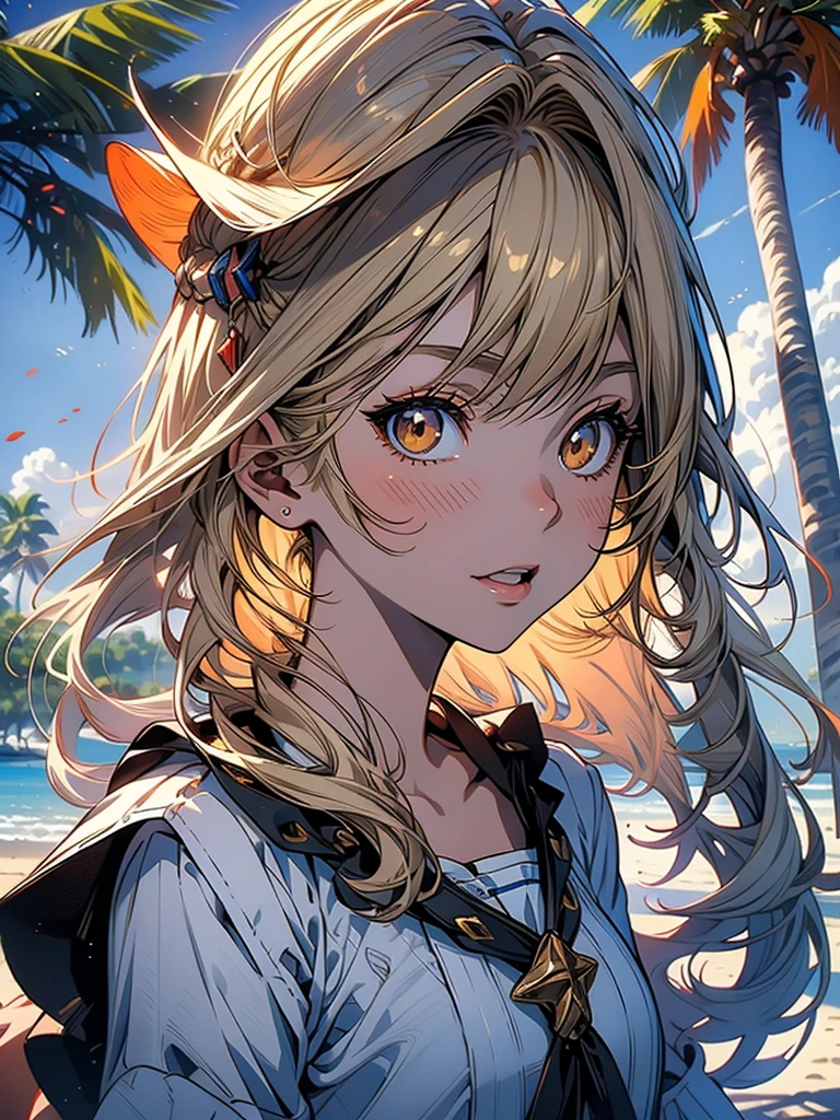 masterpiece, rich colors, Best quality, detailed, high resolution, Hyper quality, high detail, , high quality, detailing, skinny sexy girl on the beach , bright lighting , Brown eyes, Anime, palm trees, bright lighting, blonde,