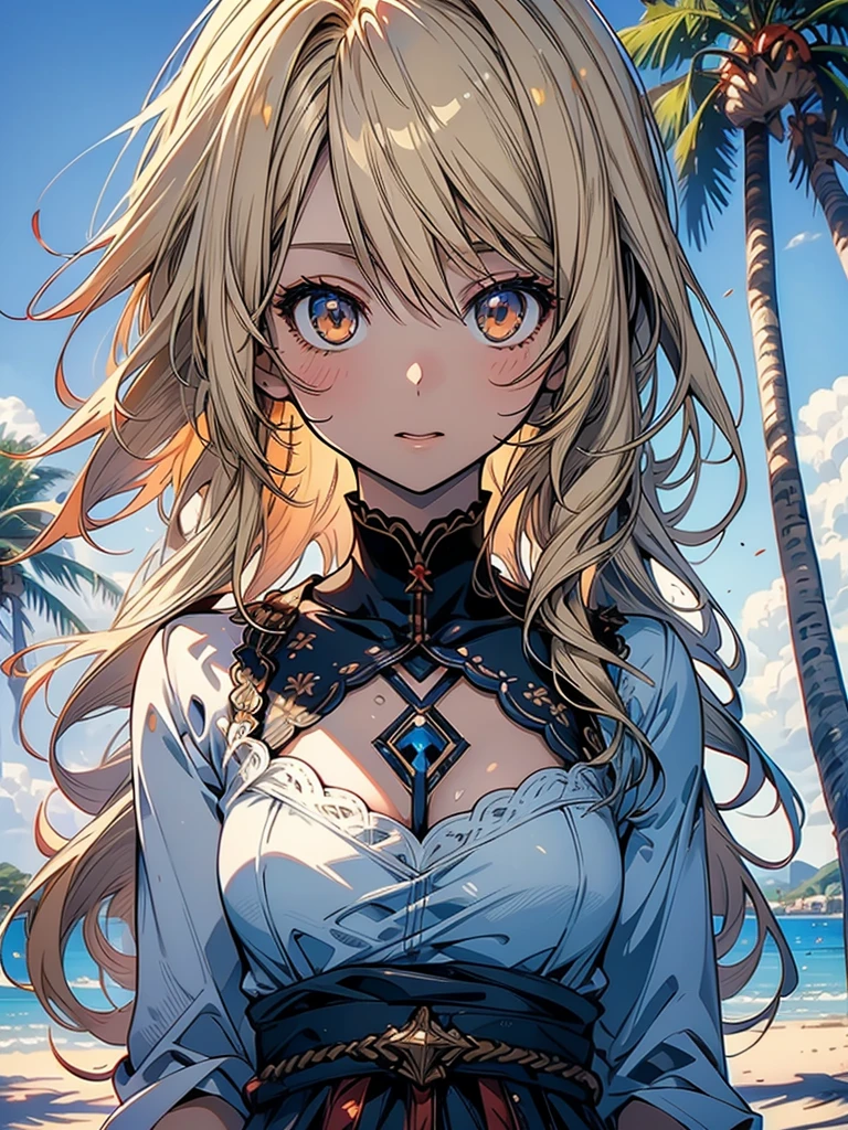 masterpiece, rich colors, Best quality, detailed, high resolution, Hyper quality, high detail, , high quality, detailing, skinny sexy girl on the beach , bright lighting , Brown eyes, Anime, palm trees, bright lighting, blonde,
